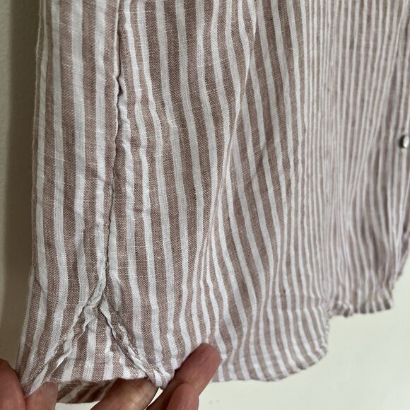 Sigrid Olsen 100% Linen Button Up Tunic Shirt Womens M Tan Striped Lagenlook - Picture 8 of 13